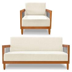 Kit Poltrona E Sofá Living 2 Lugares Marilia 1,60m Linho Natural Base Em Madeira Castanho - Pallazio