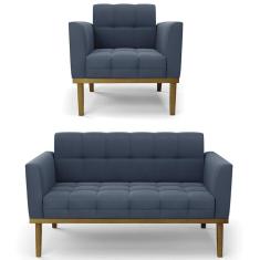 Sofá Namoradeira E 1 Poltrona Base Madeira Castanho Ana Suede Azul Marinho - Ibiza