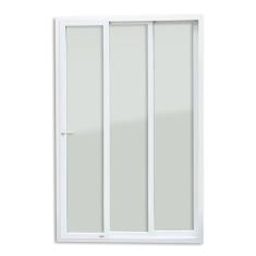 Porta de PVC de Correr 210x180cm Com 3 Folhas e Vidro liso Temperado Com Cremona ITEC Brimak Branco