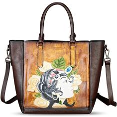 Bolsa feminina de couro genuíno pintada à mão com alça superior, bolsa tiracolo feita à mão, Padrão 2, Medium