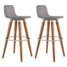 Kit 2 Banquetas Altas Luxo Versatil Aço Champanhe Linho Cinza Base Carvalho 