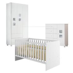 Quarto de Bebê com Berço com Suporte, Cômoda 1 Porta 4 Gavetas Life e Roupeiro 3 Portas 2 Gavetas Branco