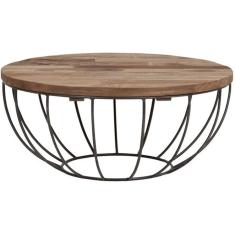 Mesa de centro redonda, mesa de centro pequena com estrutura de aço, mesa lateral para sala, quarto, escritório, marrom rústico e preto, 80X45CM