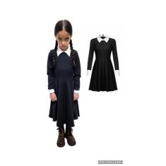 Fantasia de festa infantil com tema Halloween da Vandinha Addams - Din