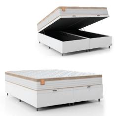 Cama Box Baú Colchão Casal Queen Molas Ensacadas Real 158x198x68cm Linho Branco / Bege Inducol - Suporta até 130kg por Pessoa
