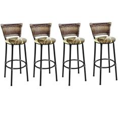 Kit 4 Banquetas Altas Preta com Encosto Junco Capuccino Assento Floral Marrom