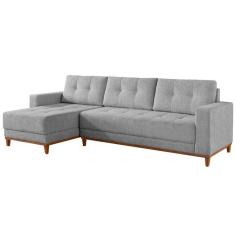 Sofá Rondomóveis R815 Domi com Chaise em espuma D33 no assento 4 Lugares pés madeira maciça cinza
