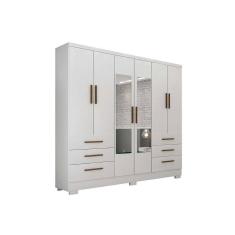 Guarda Roupa Casal 4 Portas e 6 Gavetas c/Espelho e Pés Encant Branco - Novo Horizonte