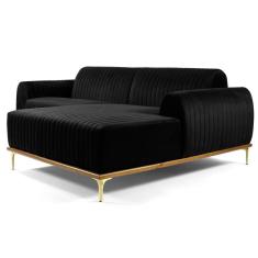 Sofá 300cm 5 Lugares Com Chaise Direito Pés Gold Molino C-300 Veludo Preto - Domi