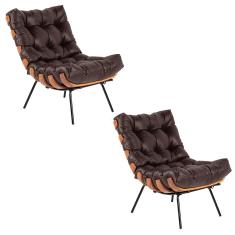 Kit 02 Poltronas Costela Couro Legítimo Marrom Base Metálica Preto - D'Rossi