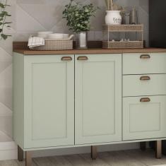 Balcão Para Cozinha 2 Portas 3 Gavetas Provençais com Tampo Iluminata Genialflex Verde Mint/Ébano Fosco