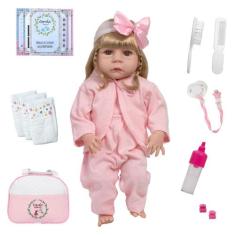 Boneca Reborn Gatinha Loira Cabelo Comprido Com Vários Itens - Cegonha