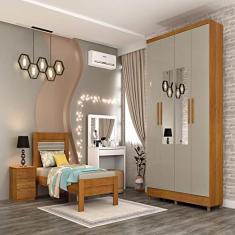 Guarda Roupa Solteiro 4 Portas 2 Gavetas com Pés e Espelho Amsterdam Tcil Móveis Cinamomo/off White