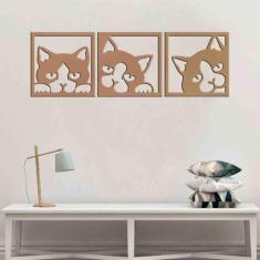 Kit 3 Quadros Decorativos Gato 3Mm Vazado Preto - Mdf - Decoarts