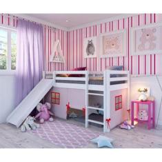 Cama Alta Kids com Escorregador e Tenda em Madeira Maciça/MDF Branco/R