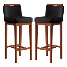 Kit 2 Banquetas Média Estofadas com Encosto 38x92 Cm Líbia Madeira Maciça Suede Preto CCS