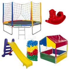 Cama Elástica Pula Pula 2,44m + Piscina de Bolinhas 1,00m + 500 Bolinhas Coloridas + Escorregador Médio + Gangorra 1 Lugar