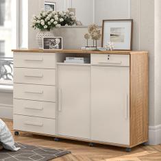 Cômoda Max 2020 06 Gavetas 02 Portas Off White com Amêndoa - Lukaliam Móveis