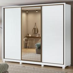 Guarda Roupa Casal com Espelho 3 Portas de Correr 6 Gavetas e Pés 270,5cm Spazio Glass Espresso Móveis  Branco