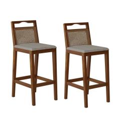 Conjunto com 2 Banquetas Madeira Maciça Rattan Vittoria Pinhão