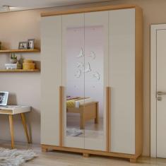 Guarda-roupa 4 Portas 2 Gavetas 100% Mdf Alonzo com espelho e com Pés Amêndoa Clean/off White