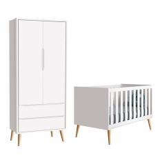 Berço Americano e Guarda Roupa 2 Portas Infantil Theo Branco Acetinado com Pés Madeira Natural – Reller