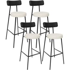 Kit 04 Banquetas Alta Cozinha Sala Jantar Milão L02 Couríssimo Preto Linho Champagne