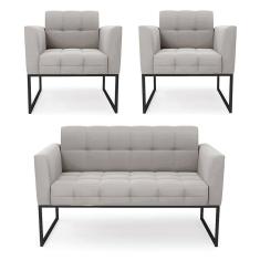 Kit 1 Sofá Namoradeira E 2 Poltronas Elisa Veludo Cinza Base Metálica Industrial Preto - D`rossi