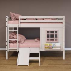 Beliche Infantil Com Janela E Escorregador Madeira Maciça Branco/ Rosa Housin