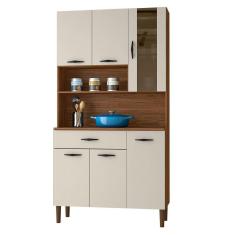 Armário de Cozinha Compacta Bruna Z06 6 Portas 1 Gaveta MDF 90cm Off White e Nogueira