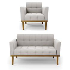 Sofá Namoradeira E Poltrona Base De Madeira Castanho Elisa Veludo D03 - D'rossi Cor Cinza