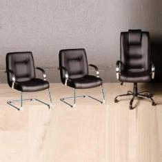 Kit Cadeira Escritório Classic Preta - 1 Giratória + 2 Fixas - MOVELAR