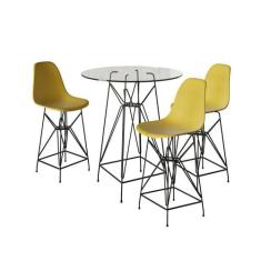 Jogo Mesa Bistrô Eames Vidro 60Cm 3 Banquetas Amarela Base Ferro Preto
