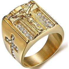 Anel Masculino Jesus Cristo Cravejado Banhado Ouro 18k Luxo Religioso 