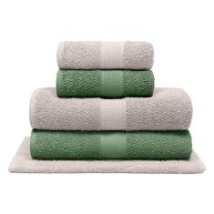 Jogo de Banho Bouton Natural Verde/Bege 5Pçs (2 Toalhas de Banho + 2 Toalhas de Rosto + 1 Piso)