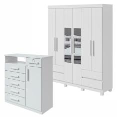 Conjunto de Guarda-roupa 6 Portas 4 Gavetas Zeus com Espelho e com Pése Cômoda Da Vinci Branco
