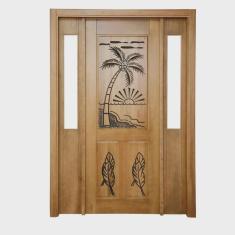 Portal Madeira Maciça Vitrô Duplo Palmeira Entalhada Completa 143x213x18cm Cedro Rosa
