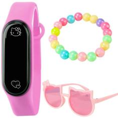 relogio digital infantil led rosa + pulseira + oculos sol prova dagua 