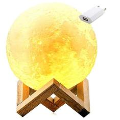 Luminária Abajur LED Lua Cheia 3D USB RGB Suporte de Madeira + Fonte C