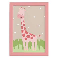 Quadro Safari Menina Girafa Moldura Rosa 22x32cm