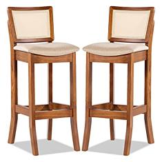 Kit 2 Banquetas Alta Portugal com Encosto Rattan Estofada Linho Bege M58 RMI