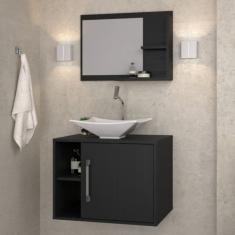 Conjunto para Banheiro Gabinete com Cuba Folha L38 e Espelheira Laura Preto Onix