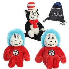 Conjunto de pelúcia Dr. Seuss: chapéu de gato de 20 cm, Thing 1 e 2 de 18 cm, bolsa com cordão