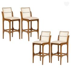 Kit 4 Banquetas Alta para Bancada Lisboa Encosto Rattan Madeira Imbuia Linho Bege M58 RMI