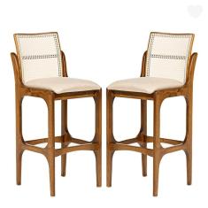 Kit 2 Banquetas para Cozinha Americana Lisboa Encosto Rattan Madeira Imbuia Linho Bege M58 RMI