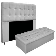 Kit Cabeceira Estofada Mel Cama Box Casal 140 cm mais Calçadeira Baú Mel com Capitonê Suede Cinza para Quarto - AM Decor