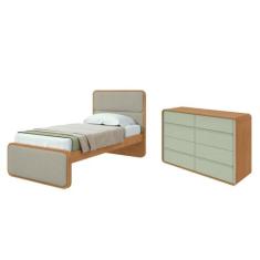Quarto Infantil com Cama Solteiro Loop Tecido Boucle e Cômoda 8 Gaveta