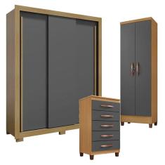 Guarda Roupa Solteiro Nevoa Flex 3 Portas de Correr com Cômoda Cannes 5 Gavetas e Armário Multiuso Egito Carvalho Americano Grafite - Incorplac