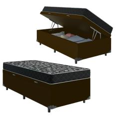 Cama Box Baú Solteiro 88 Sintético Marrom com Colchão de Espuma D20 - Tampo Preto 12cm