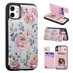 UEEBAI Capa carteira para iPhone 11 de 6,1 polegadas com porta-cartões, capa de couro PU com suporte e bloqueio de RFID, fecho magnético duplo, flor Rilievo, capa flip à prova de choque para mulheres